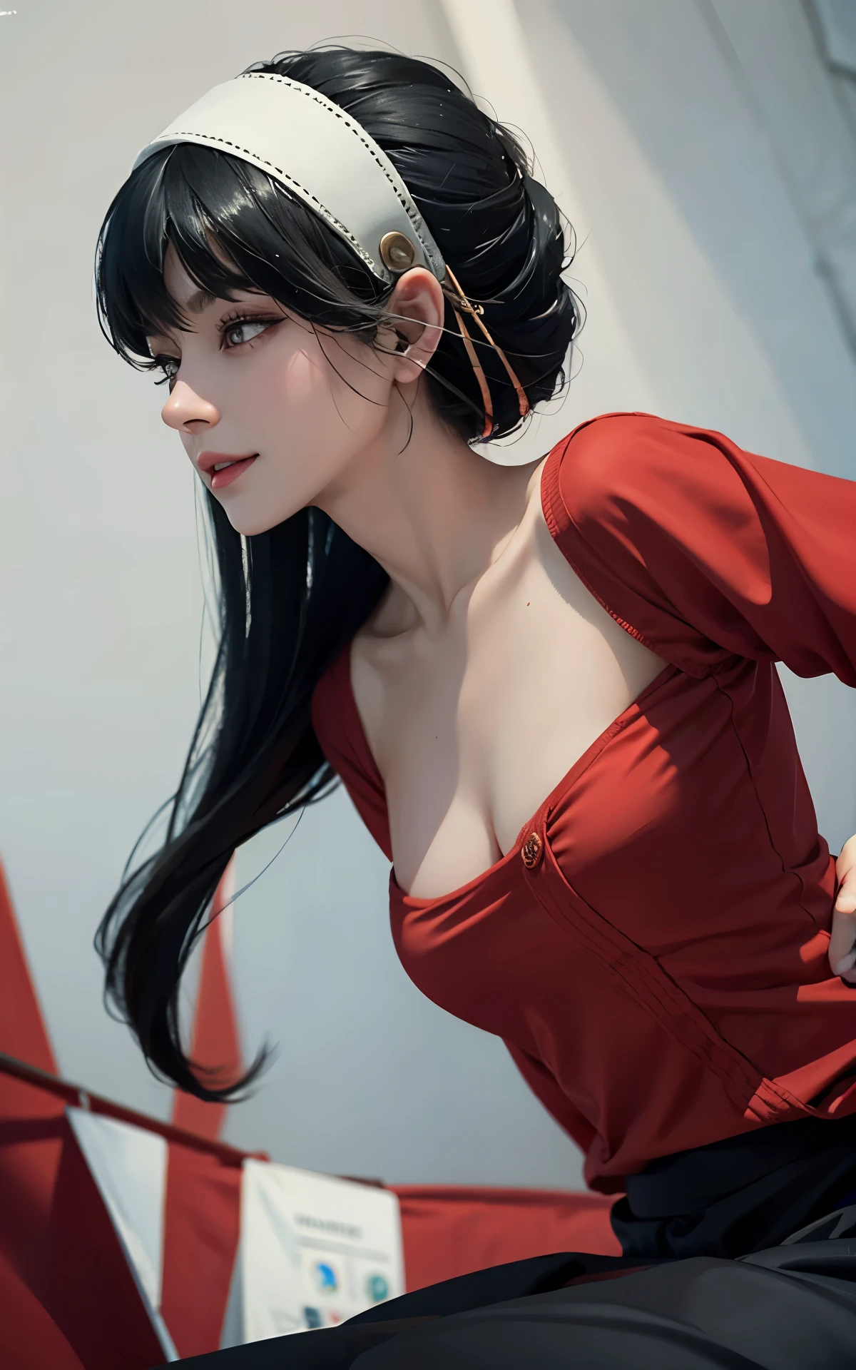 absurderes:1.8, realistic, Unity 8K Wallpaper, Masterpiece, detailed hair, highly detailed, realistic glistening skin、(dark-haired、short hair with long locks、white hairband、Red Eyes、off shoulders、Red Sweater:1.5、long-sleeve)、(light smile:1.3)、cowboy shot:1.7, from side:1.3
