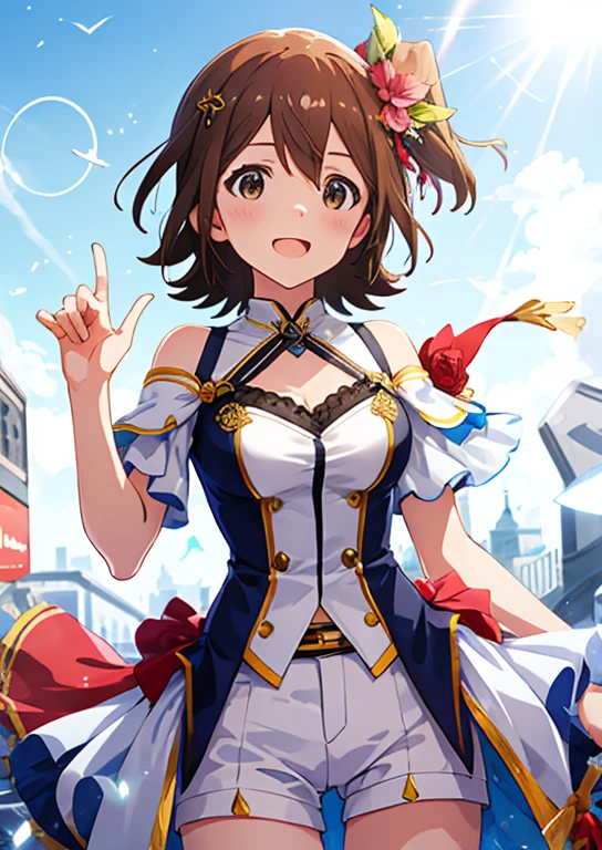 Mirai Kasuga, (highest quality, 8k, masterpiece, Very detailed:1.2), (Lens flare, Particles of light, Shine), Big Breasts, smile, Open your mouth, masterpiece, highest quality, Very detailed, High resolution, Very detailedなCG, (Official Art), Off the shoulder, White shirt, hot pants, Straw hat, (Embarrassing:1.1), (blush:1.2), Open your mouth, (shout:1.1), (Moving lines:1.1),  blue sky, Cowboy Shot