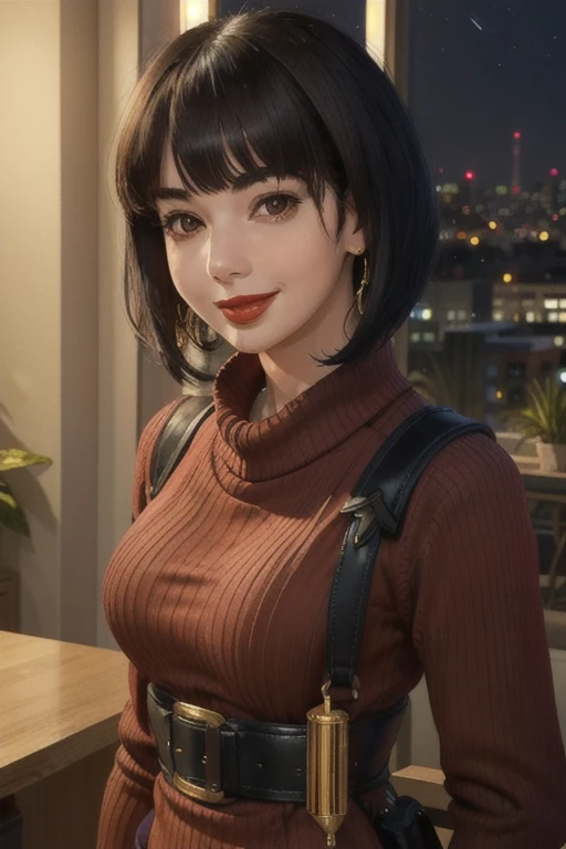 smiling at viewer, (portrait, close up:1.2)
spherehunter, 1girl, lips, short black hair, blunt end bangs, brown eyes, red lips, red ribbed sweater dress, gold jewelry, gun holster straps, military gear,
realistic, picturesque, indoors, night time, city skyline, japan,
 