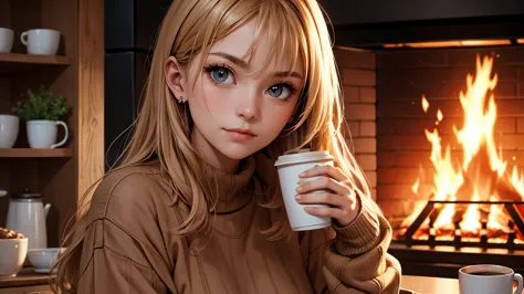 close up, portrait, ((Wearing a sweater)), in, portrait, kitchen, Holding a coffee cup, Winter Fire, open one&#39;s eyes, best q...