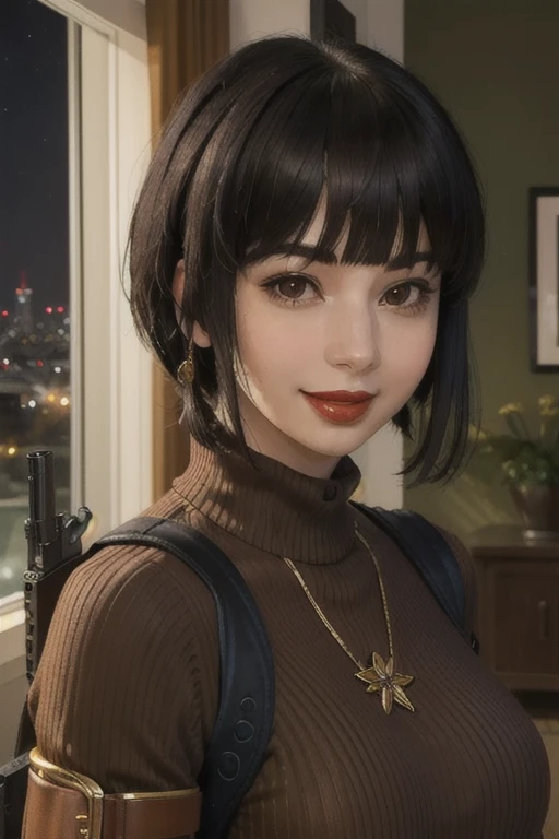 smiling at viewer, (portrait, close up:1.2)
spherehunter, 1girl, lips, short black hair, blunt end bangs, brown eyes, red lips, red ribbed sweater dress, gold jewelry, gun holster straps, military gear,
realistic, picturesque, indoors, night time, city skyline, japan,
 