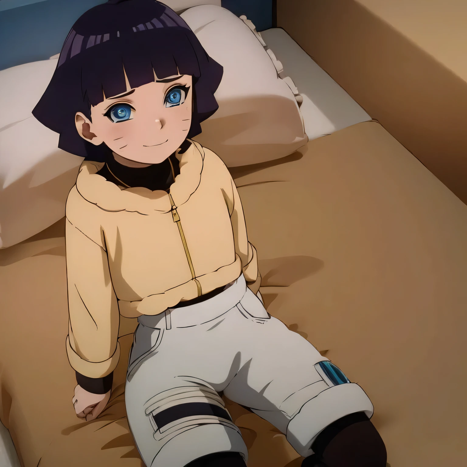 Anime character sitting on a bed with a pillow and pillow - SeaArt AI