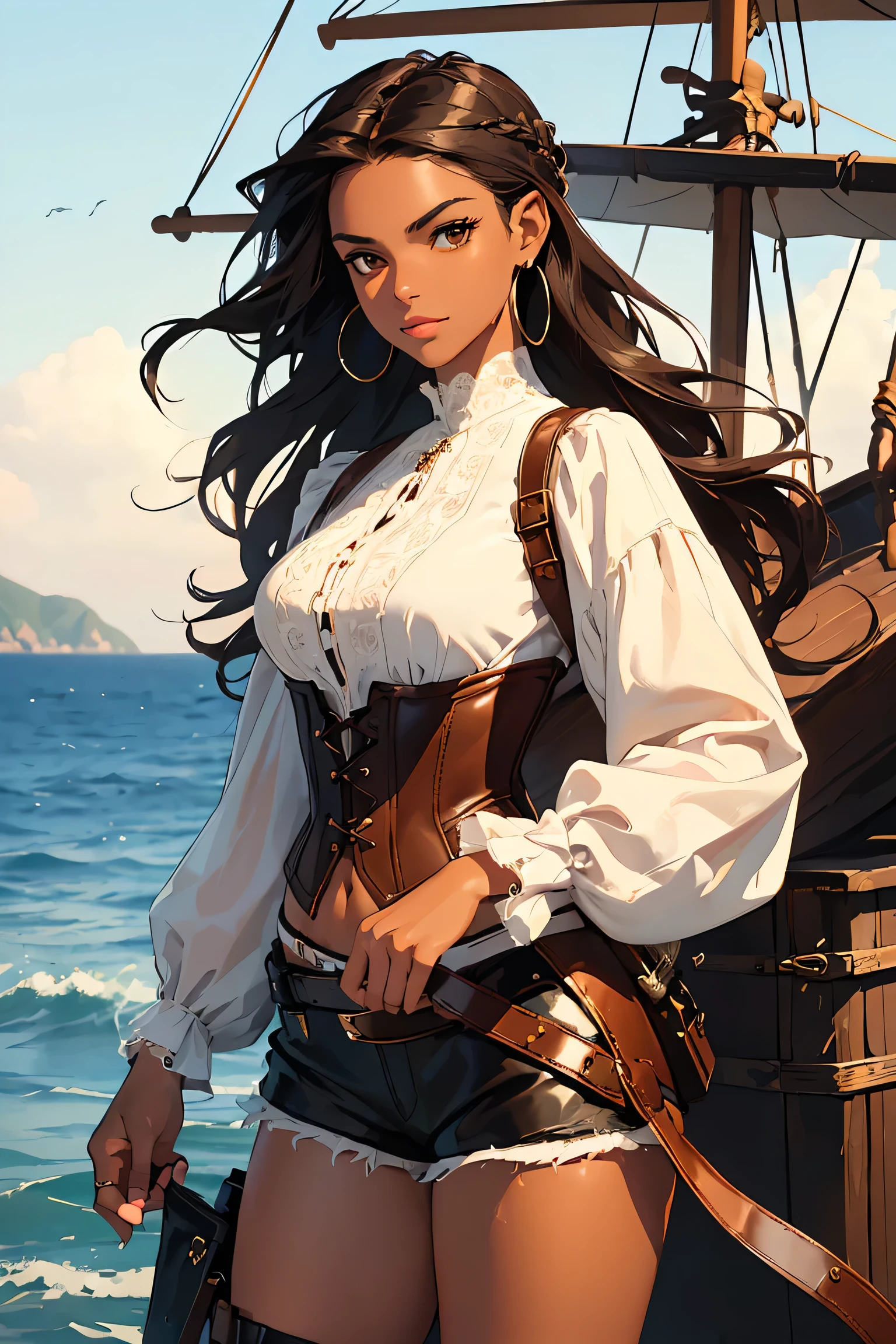 (masterpiece), best quality, expressive eyes, perfect face, (pirate ship background), (standing), (smirk), (closeup view), (1girl, selt, dark skin, tanned skin, black hair, wavy hairstyle, brown eyes, hourglass figure, thin body, skinny body, petite_body, medium breasts, thick thighs, long fingernails, brown plaid head wrap, white front lace blouse, long sleeve, loose fit, brown leather corset, brown leather shorts, brown boots, sheathed cutlass sword, flintlock pistol in holster, hoop earrings, miscellaneous jewelry)