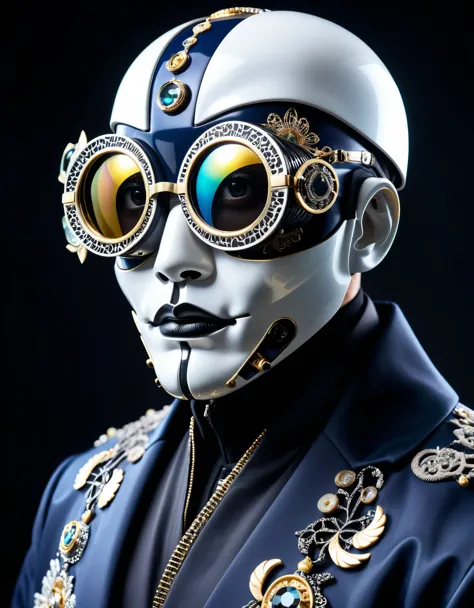 a fashion photoshoot of a clab samuraj robot man wearing a weird futuristic mask, hyper maximalist, intricate small miniscule detailed details, (eyes hidden behind weird mask googles that are glasses made of black diamond with glass decorated in ornate kor...