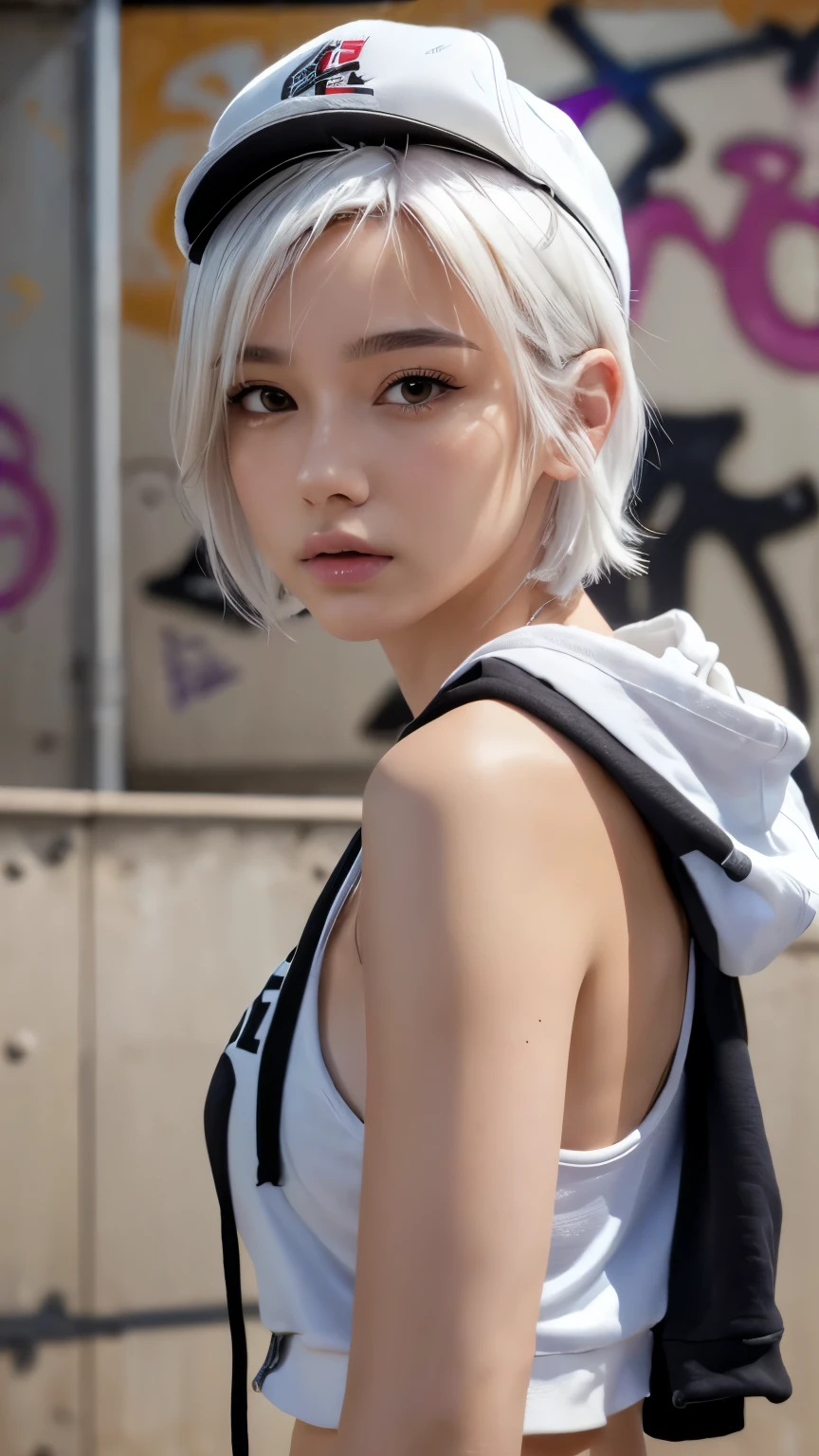 masterpiece, highest quality, Very detailed, 8k, Realistic, One Girl, alone, Tomboy, Very detailed face, (head shot:1.5), Standing in front of a wall covered in hip hop graffiti, Pixie cut white hair, He is wearing a short tank top and an open-zipped hoodie..,I can see your chest,Nice ass,Wear a New Era cap