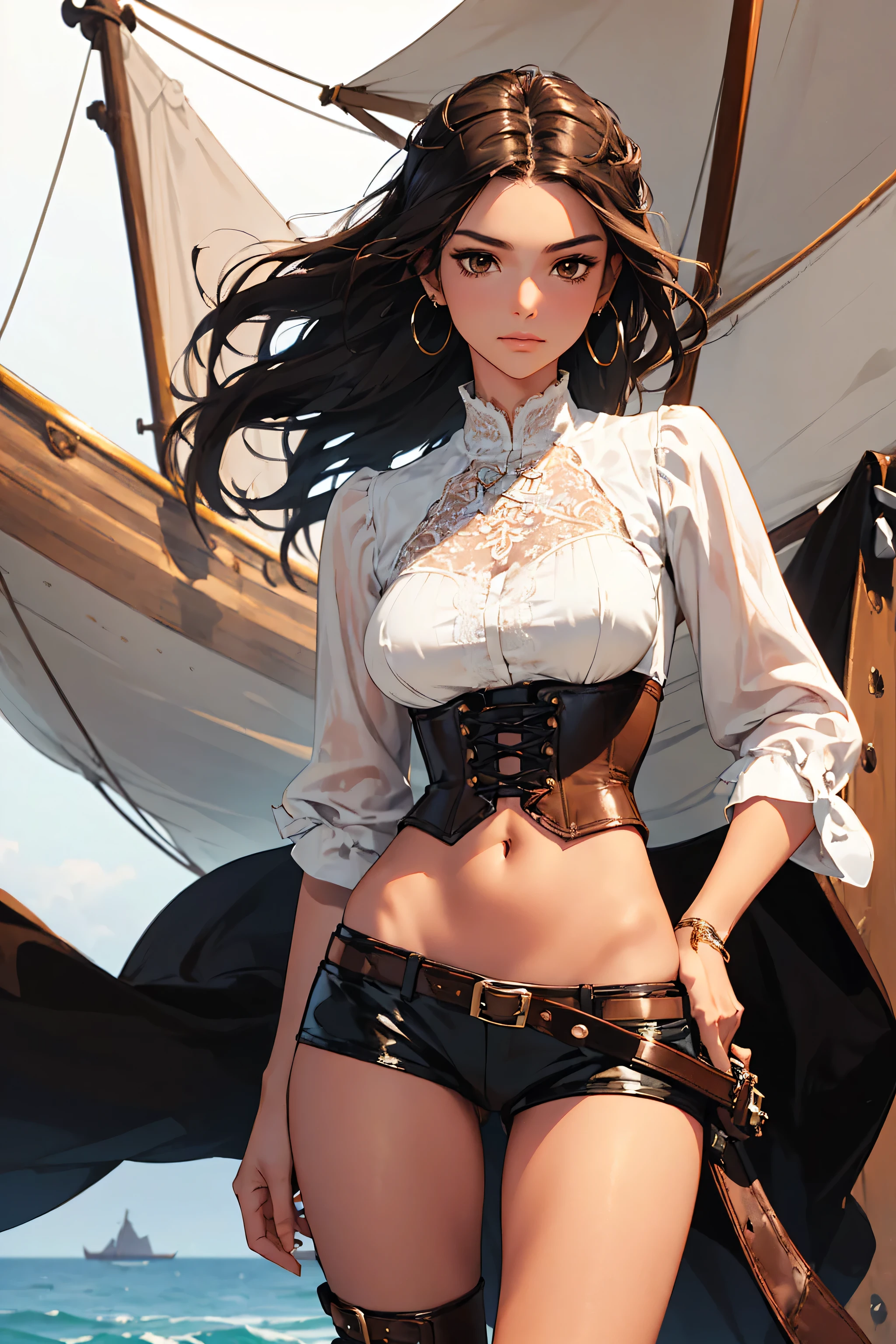 (masterpiece), best quality, expressive eyes, perfect face, (pirate ship background), (standing), (smirk), (closeup view), (1girl, selt, dark skin, tanned skin, black hair, wavy hairstyle, brown eyes, hourglass figure, thin body, skinny body, petite_body, medium breasts, thick thighs, long fingernails, brown plaid head wrap, white front lace blouse, long sleeve, loose fit, brown leather corset, brown leather shorts, brown boots, sheathed cutlass sword, flintlock pistol in holster, hoop earrings, miscellaneous jewelry)