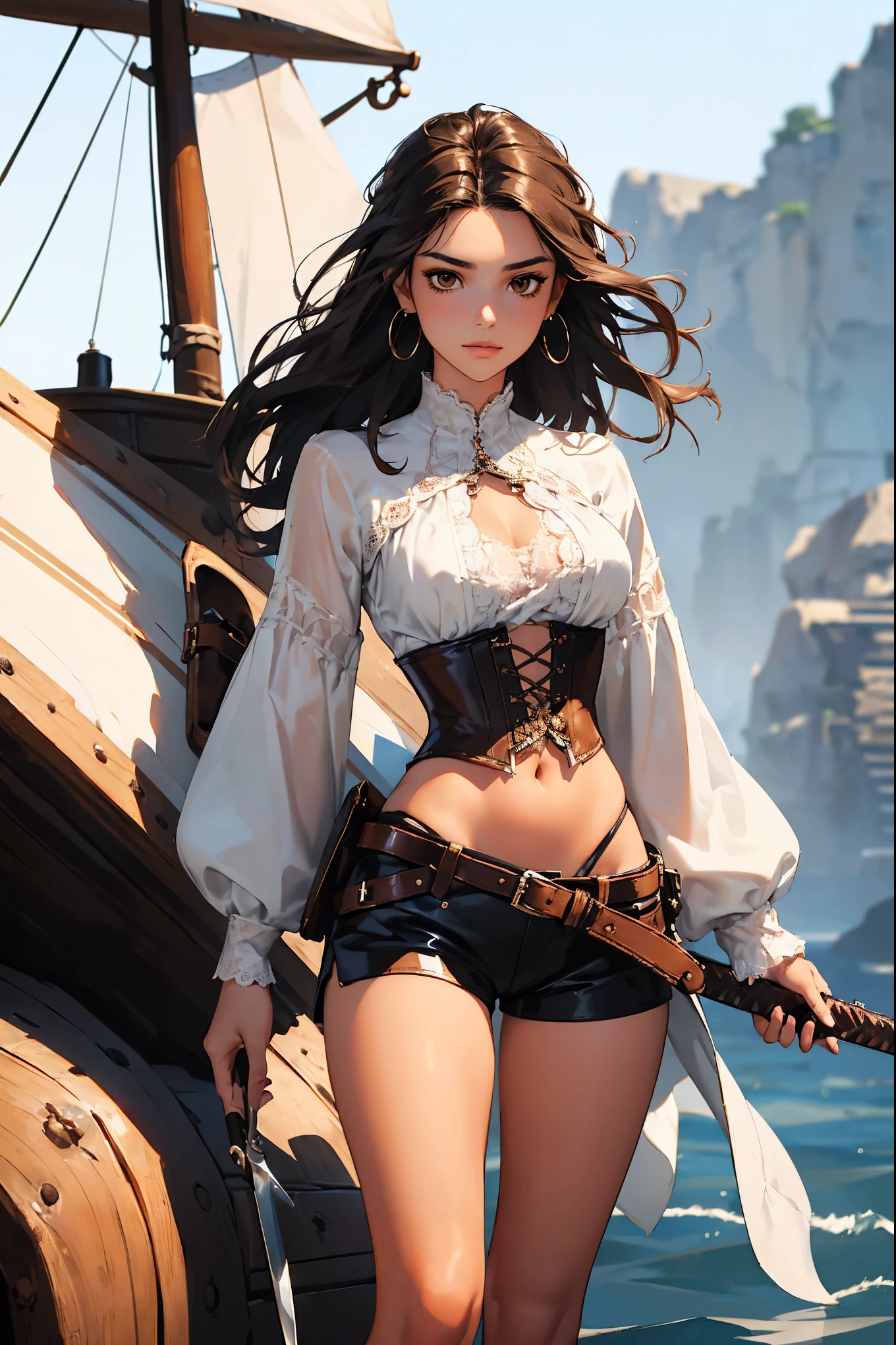 (masterpiece), best quality, expressive eyes, perfect face, (pirate ship background), (standing), (smirk), (closeup view), (1girl, selt, dark skin, tanned skin, black hair, wavy hairstyle, brown eyes, hourglass figure, thin body, skinny body, petite_body, medium breasts, thick thighs, long fingernails, brown plaid head wrap, white front lace blouse, long sleeve, loose fit, brown leather corset, brown leather shorts, brown boots, sheathed cutlass sword, flintlock pistol in holster, hoop earrings, miscellaneous jewelry)