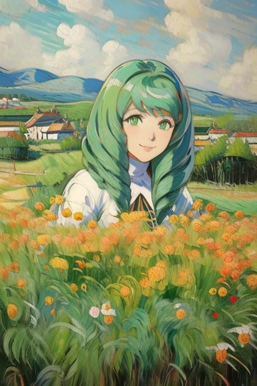 (masterpiece, ultra-detailed, high resolution, best quality:1.2), (Oil Painting stick:1.2), (anime:1.1), 1girl, solo, face, close up, focus, (Flayn:1.1), smile, (garden)