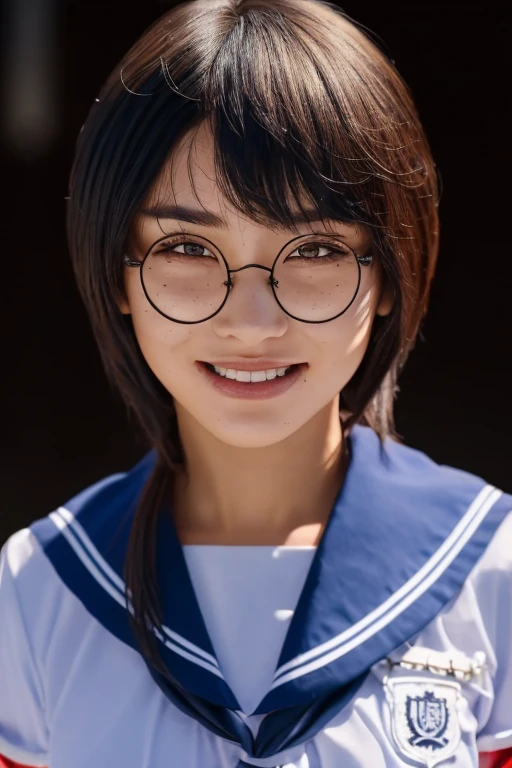 (masterpiece, best quality, beautiful quality, photorealistic, looking at viewer, detailed lighting, extremely detailed skin, extremely detailed hair, extremely detailed teeth, shadows, 8k:1.2), 1girl, glasses, school uniform, front view, slim body, full body view, 