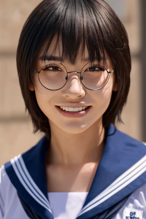 (masterpiece, best quality, beautiful quality, photorealistic, looking at viewer, detailed lighting, extremely detailed skin, extremely detailed hair, extremely detailed teeth, shadows, 8k:1.2), 1girl, glasses, school uniform, front view, slim body, full body view, 