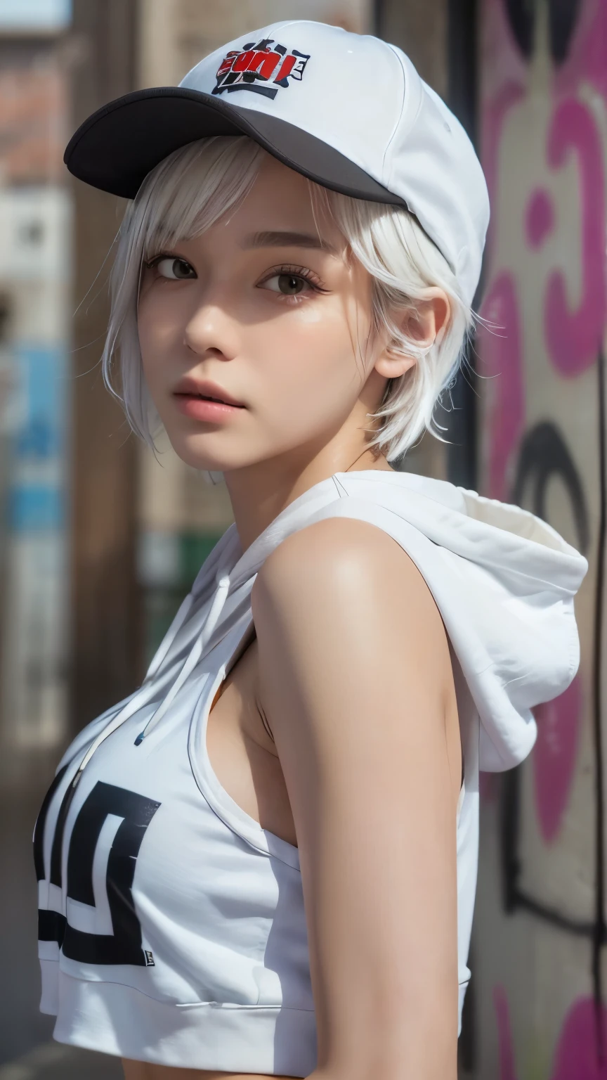 masterpiece, highest quality, Very detailed, 8k, Realistic, One Girl, alone, Tomboy, Very detailed face, (head shot:1.5), Standing in front of a wall covered in hip hop graffiti, Pixie cut white hair, He is wearing a short tank top and an open-zipped hoodie..,I can see your chest,Nice ass,Wear a New Era cap