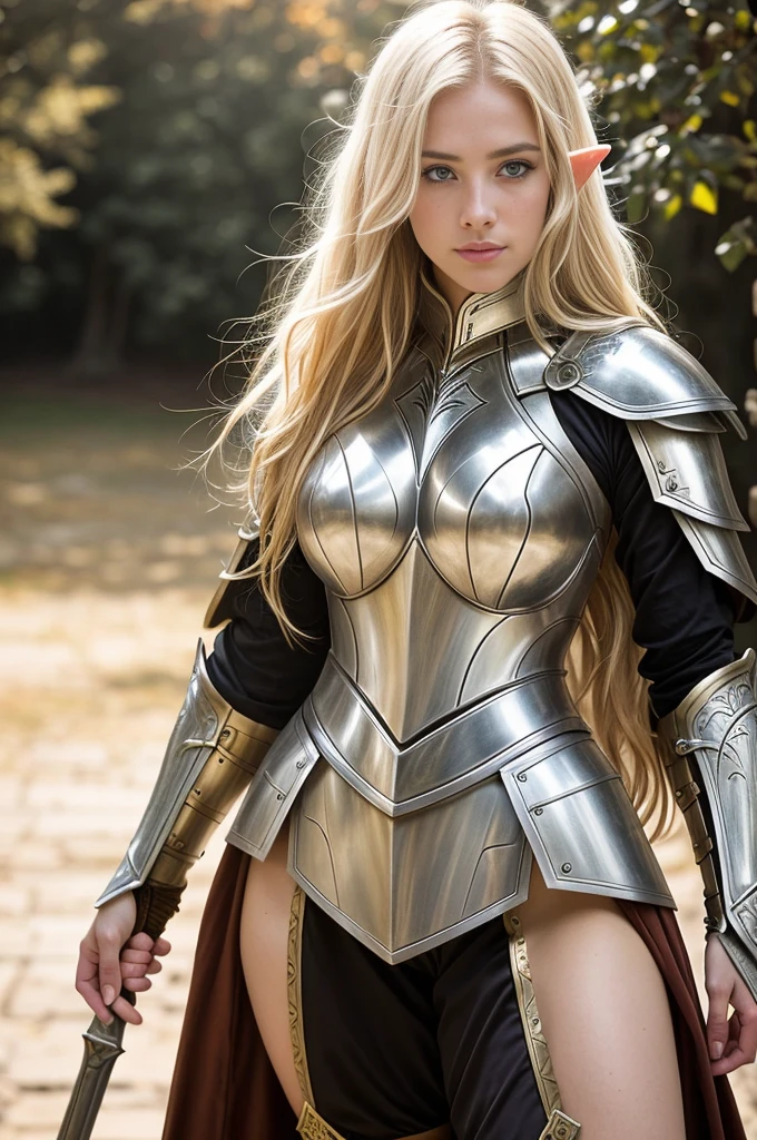 Masterpiece, a beautiful female elf knight  bright eyes, blonde hair, broad shoulders, strong body, high detail pale skin with light freckles, high detail filigree elf armor, outside, (skin texture:1.1), best quality, ultra high res, Raw photo, Nikon D850, backlight, rimlight, bright sunlight, film grain:1.2, (warm hue, warm tone:1.2), (color photo), fantasy castle background