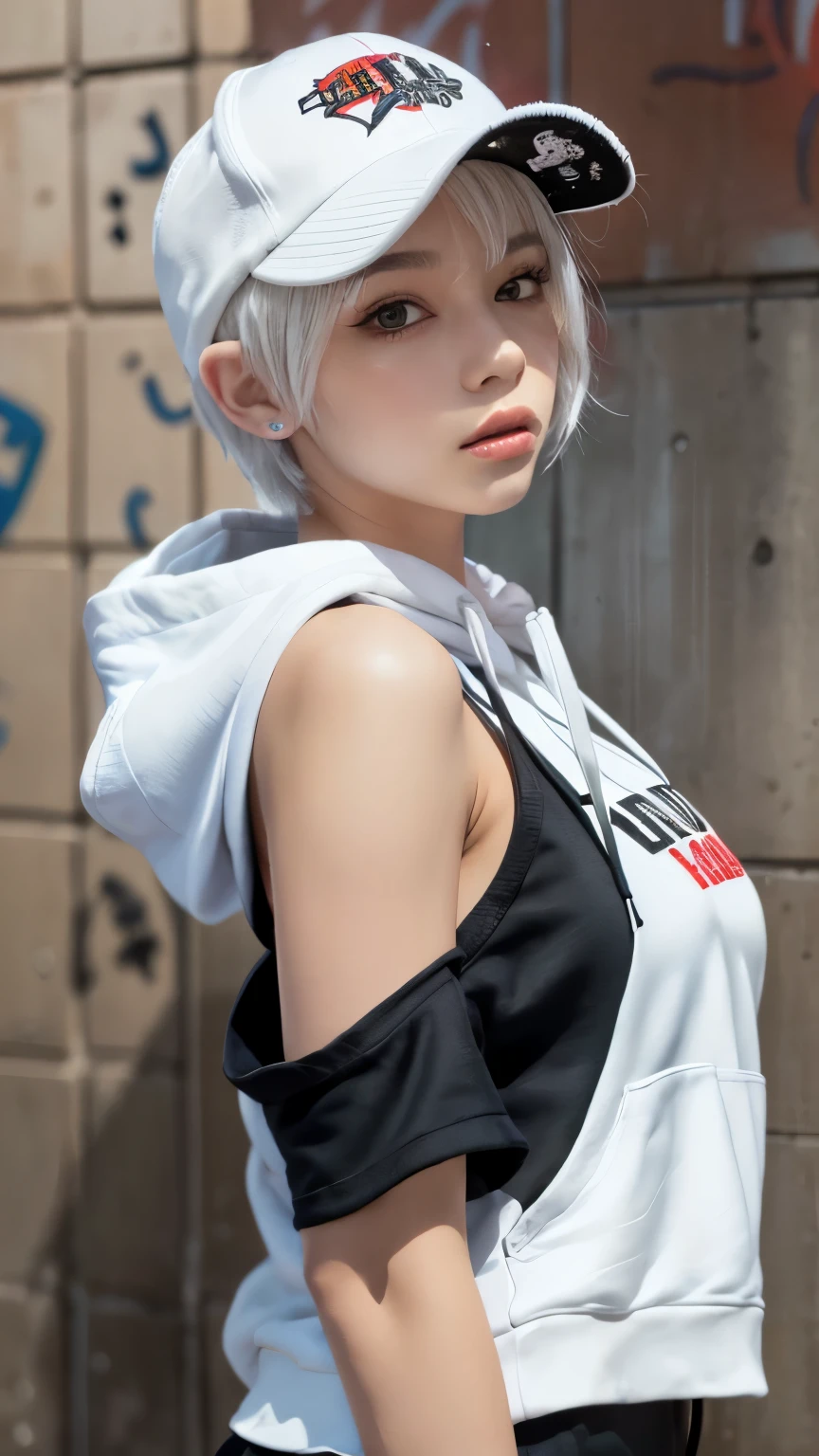 masterpiece, highest quality, Very detailed, 8k, Realistic, One Girl, alone, Tomboy, Very detailed face, (head shot:1.5), Standing in front of a wall covered in hip hop graffiti, Pixie cut white hair, He is wearing a short tank top and an open-zipped hoodie..,I can see your chest,Nice ass,Wear a New Era cap