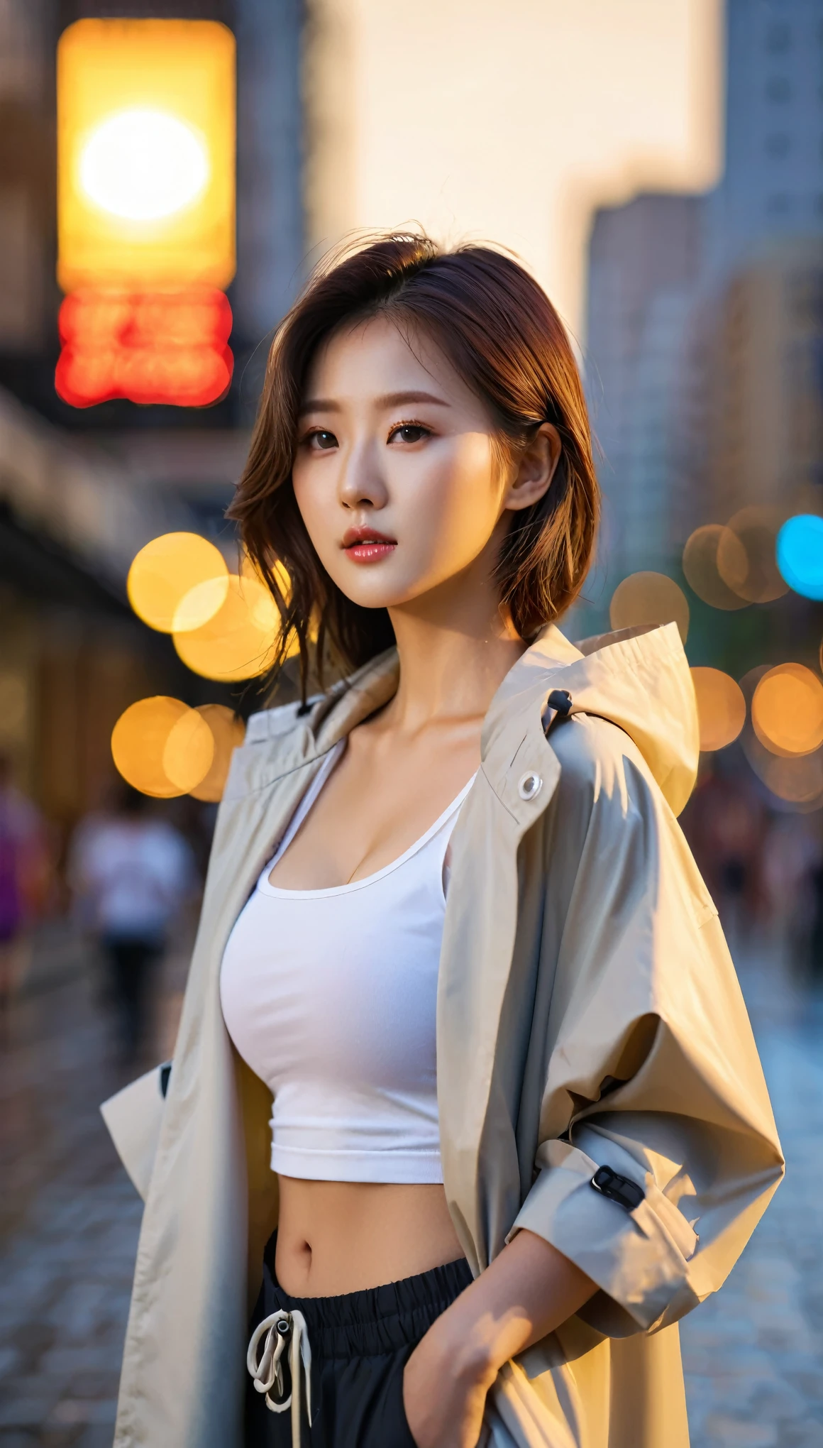 close-up da linda mulher coreana, Tamanho dos seios de 34 polegadas, usando blusa cropped, e mangas enroladas abrem a capa de chuva, calça, na cidade, Luz do pôr do sol, fundo bokeh, Ultra HD