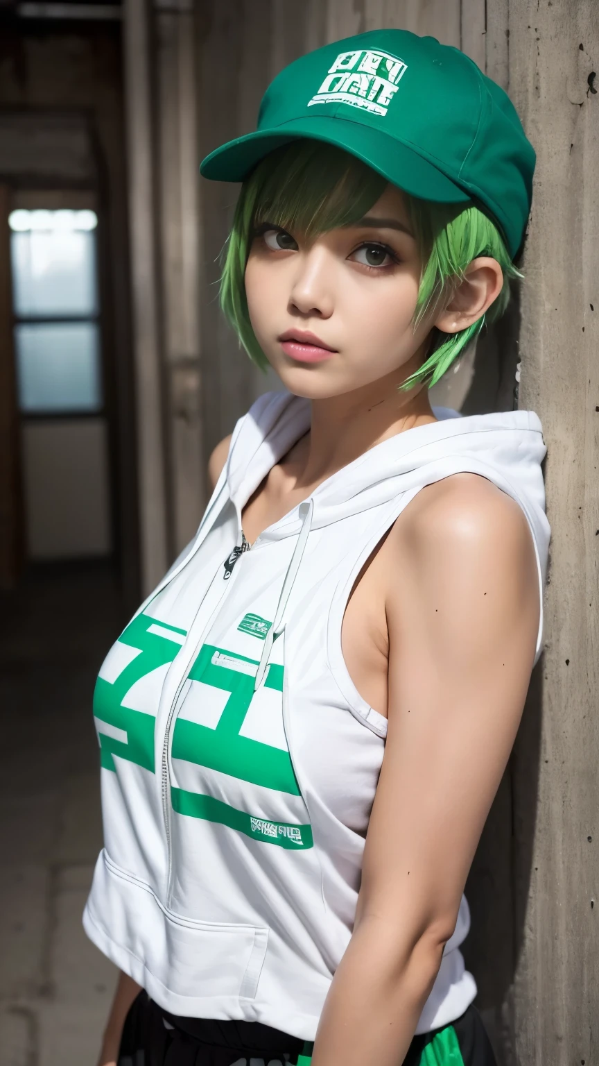 (head shot:1.5),highest quality, Little Woman, nice,whole body, , {{{Beautiful face in every detail}}}, Beautiful empathy (black) eye, Dead Rolling eye, (green) short hair, {Shaggy Cut}, bright (green) Highlighted Hair, Pink striped hair, Bare arms, Standing in front of a wall covered in hip hop graffiti, Pixie cut white hair, He is wearing a short tank top and an open-zipped hoodie..,I can see your chest,Nice ass,Wear a New Era cap