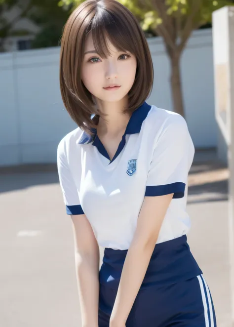 masterpiece,best quality,higher , 1girl, plain shirt, solo, gym uniform, realistic, plain white shirt, buruma,beautiful face,fac...