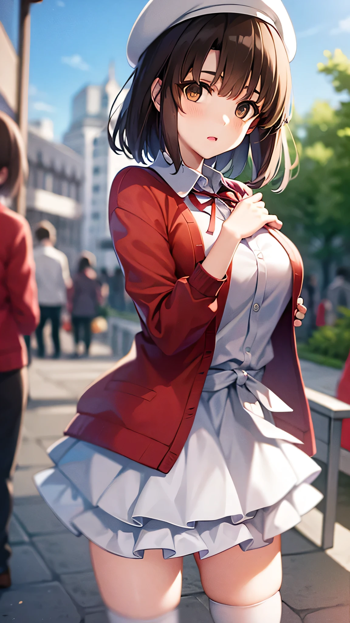 {{{masterpiece}}}, {{{best quality}}}, {{ultra-detailed}}, {illustration}, {{an extremely delicate and beautiful}}, 8k, Katou Megumi (SAEKANO), brown hair, short hair, (brown eyes:1.7), beret, cardigan, long sleeves, thighhighs, white thighhighs, dress, white dress, frills, dark blue ribbon tie, (red cardigan:1.5), (white hat:1.5), open cardigan, open clothes, pleated skirt, white skirt, thighs, zettai ryouiki, BREAK, In town, standing, outdoor, daytime, crowd of people, posing, looking at viewer