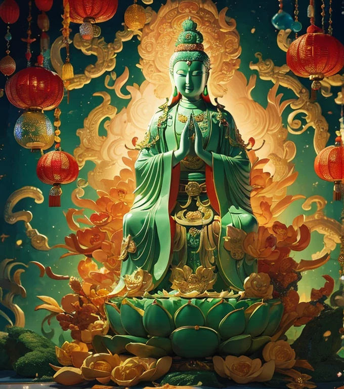 Statue de Guan yin faite de jade et de bijoux avec de nombreuses mains, clair comme de l&#39;eau de roche,  brillant, Chinois sans arrière-plan , lumière de houx,  style ancien