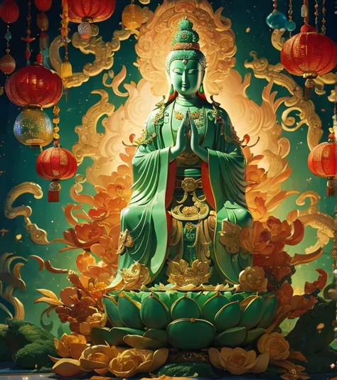 Guan yin statue made of   jade and jewelry with many hands, crystal clear,  shinning, Chinese haven background , holly light,  a...