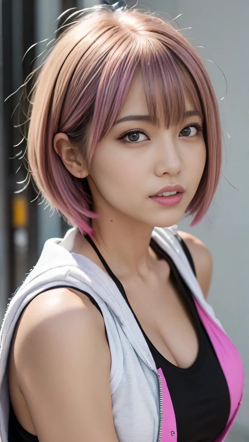 (head shot:1.5),highest quality, Little Woman, nice,whole body, , {{{Beautiful face in every detail}}}, Beautiful empathy (black) eye, Dead Rolling eye, short hair, {Shaggy Cut}, bright (pink) Highlighted Hair, pinkの縞模様の髪, Bare arms, Standing in front of a wall covered in hip hop graffiti, Pixie cut white hair, He is wearing a short tank top and an open-zipped hoodie..,I can see your chest,Nice ass,Wear a New Era cap