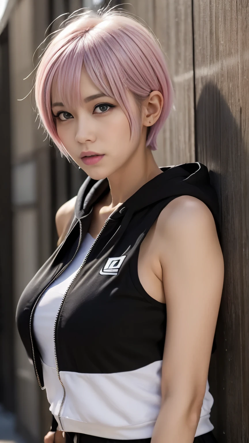 (head shot:1.5),highest quality, Little Woman, nice,whole body, , {{{Beautiful face in every detail}}}, Beautiful empathy (black) eye, Dead Rolling eye, short hair, {Shaggy Cut}, bright (pink) Highlighted Hair, pinkの縞模様の髪, Bare arms, Standing in front of a wall covered in hip hop graffiti, Pixie cut white hair, He is wearing a short tank top and an open-zipped hoodie..,I can see your chest,Nice ass,Wear a New Era cap