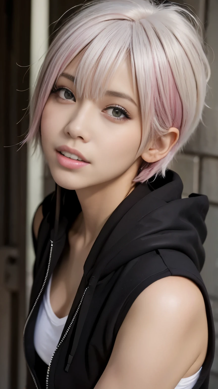 (head shot:1.5),highest quality, Little Woman, nice,whole body, , {{{Beautiful face in every detail}}}, Beautiful empathy (black) eye, Dead Rolling eye, short hair, {Shaggy Cut}, bright (pink) Highlighted Hair, pinkの縞模様の髪, Bare arms, Standing in front of a wall covered in hip hop graffiti, Pixie cut white hair, He is wearing a short tank top and an open-zipped hoodie..,I can see your chest,Nice ass,Wear a New Era cap