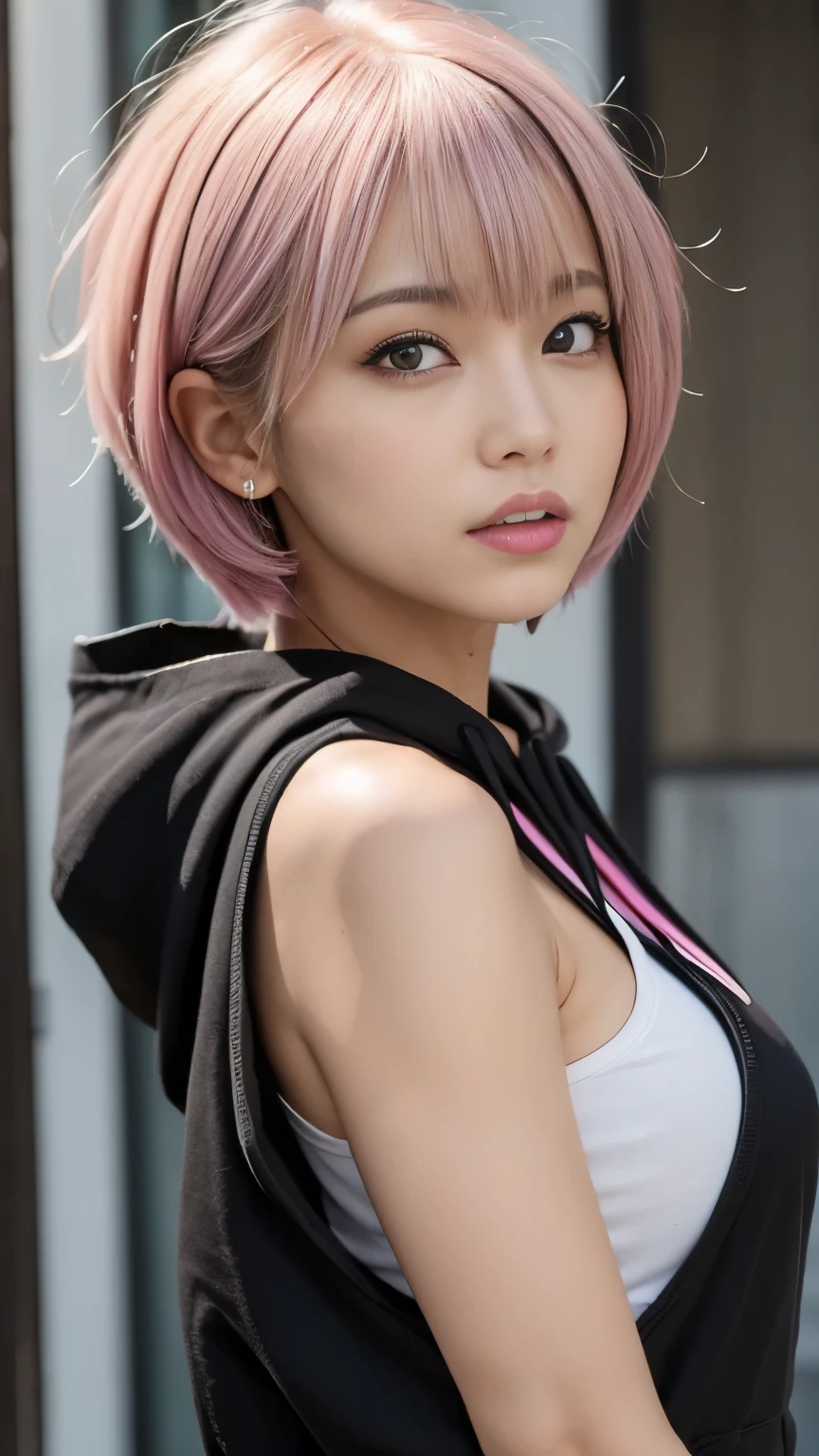 (head shot:1.5),highest quality, Little Woman, nice,whole body, , {{{Beautiful face in every detail}}}, Beautiful empathy (black) eye, Dead Rolling eye, short hair, {Shaggy Cut}, bright (pink) Highlighted Hair, pinkの縞模様の髪, Bare arms, Standing in front of a wall covered in hip hop graffiti, Pixie cut white hair, He is wearing a short tank top and an open-zipped hoodie..,I can see your chest,Nice ass,Wear a New Era cap