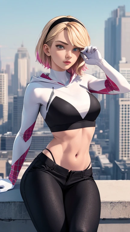 (Highly quality, masterpiece, detailed), city detailed scenario, city detailed background, solo, Gwen, blonde hair, multicolored hair, short hair, hairband, crop top, black pants, web-print, hood down, gloves, navel, sitting on top of a building, perfect face, beautiful eyes, look at the viewer, Sexy pose