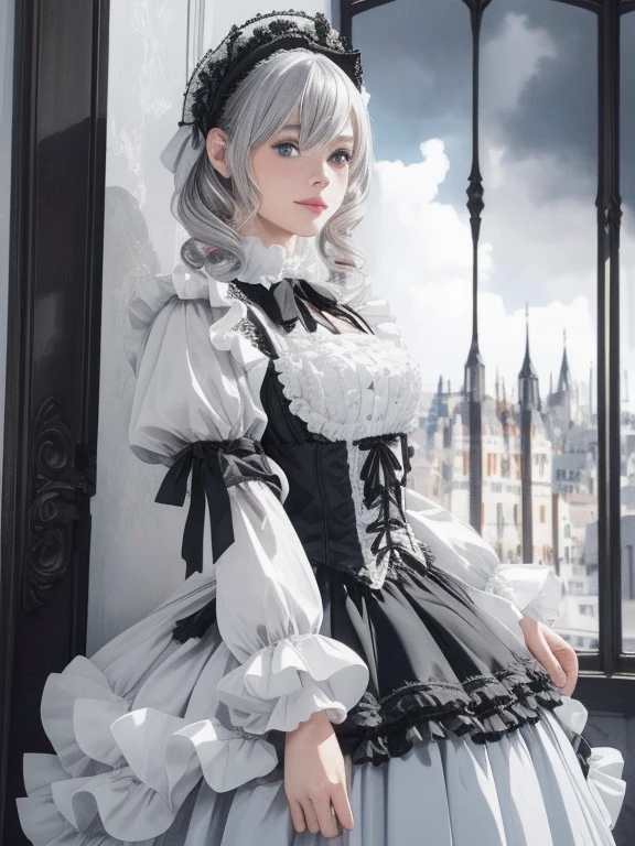 {{masterpiece、highest quality、(((Realistic、Realistic:1.37)))、8K quality}}, A woman dressed in Gothic Lolita costume、A scene from a tea party with gothic lolita cosplayers、An elegant white dress with a black base and a hidden chest、Highly detailed frills、Roll up the bonnet vertically、Skirt inflated with panniers、Gothic Lolita Style、Lolita girl in elegant black dress decorated with white frills、Skirt with vertical roll pannier, artwork in the style of Switzerland, Switzerland on pixiv artstation, Switzerland, Fantasy art style, Switzerland masterpiece, Beautiful and elegant queen, Beautiful character drawings, Detailed digital anime art, Blonde Gothic Lolita Cosplay Princess, Gray Hair, Sky blue eyes, Pink Lips