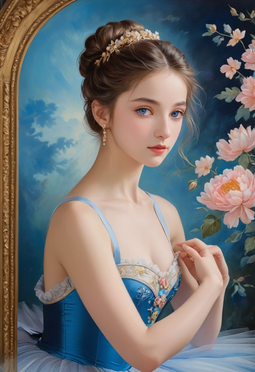 (高解像度,傑作:1.2),(現実的:1.37)"(最高品質, 高解像度, 非常に詳細, 現実的),19世紀に描かれた16歳のフランス人バレエダンサーの美しい肖像画, (彼女はフランス人と日本人のハーフです., 彼女は深い青い目と高い鼻を持つ美しい女性です.:1.1), 美しいバレエ衣装, 詳細な顔の特徴, 長くて優雅な首, 流れるような髪の束, 穏やかで優雅な姿勢, 柔らかく繊細な照明, 古典的な油絵の媒体, 鮮やかな色彩, 花のモチーフが描かれた繊細な背景", 夢のような雰囲気, シュルレアリスム,神秘的なオーラ