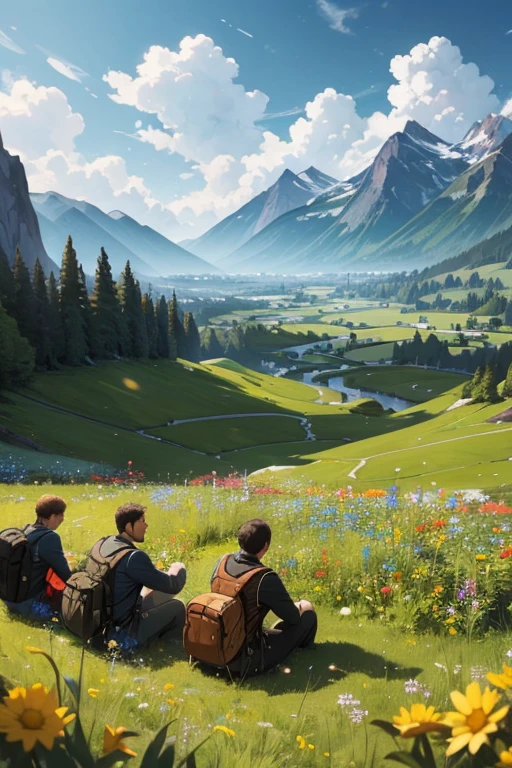 Вид сверху на группу мужчин, сидящих на цветочном поле с рюкзаками и смотрящих на горы впереди.. Высокодетализированная цифровая живопись...очень подробный, разрешение 4к, Красочный