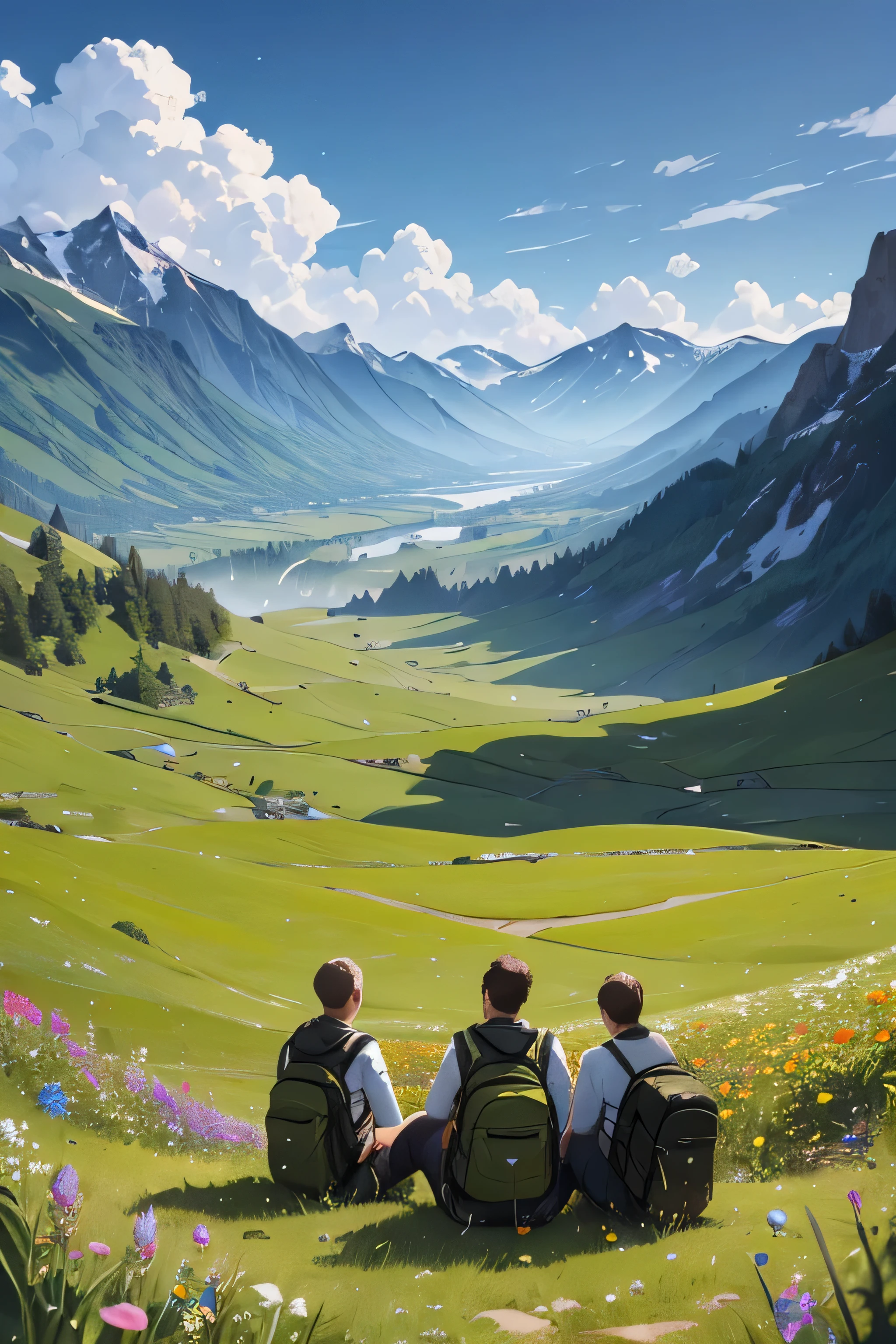 Вид сверху на группу мужчин, сидящих на цветочном поле с рюкзаками и смотрящих на горы впереди.. Высокодетализированная цифровая живопись...очень подробный, разрешение 4к, Красочный