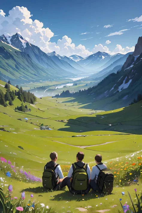 A top angle view of group of men sitting on a field of flowers with back packs looking at the mountains ahead.. Highly detailed ...