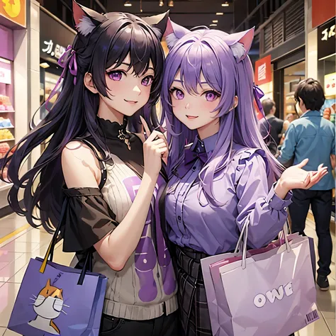 1 adult、1 teenager、parents and children shopping、background super、smile、shopping bag、cat ears with purple ribbon、purple hair、pur...