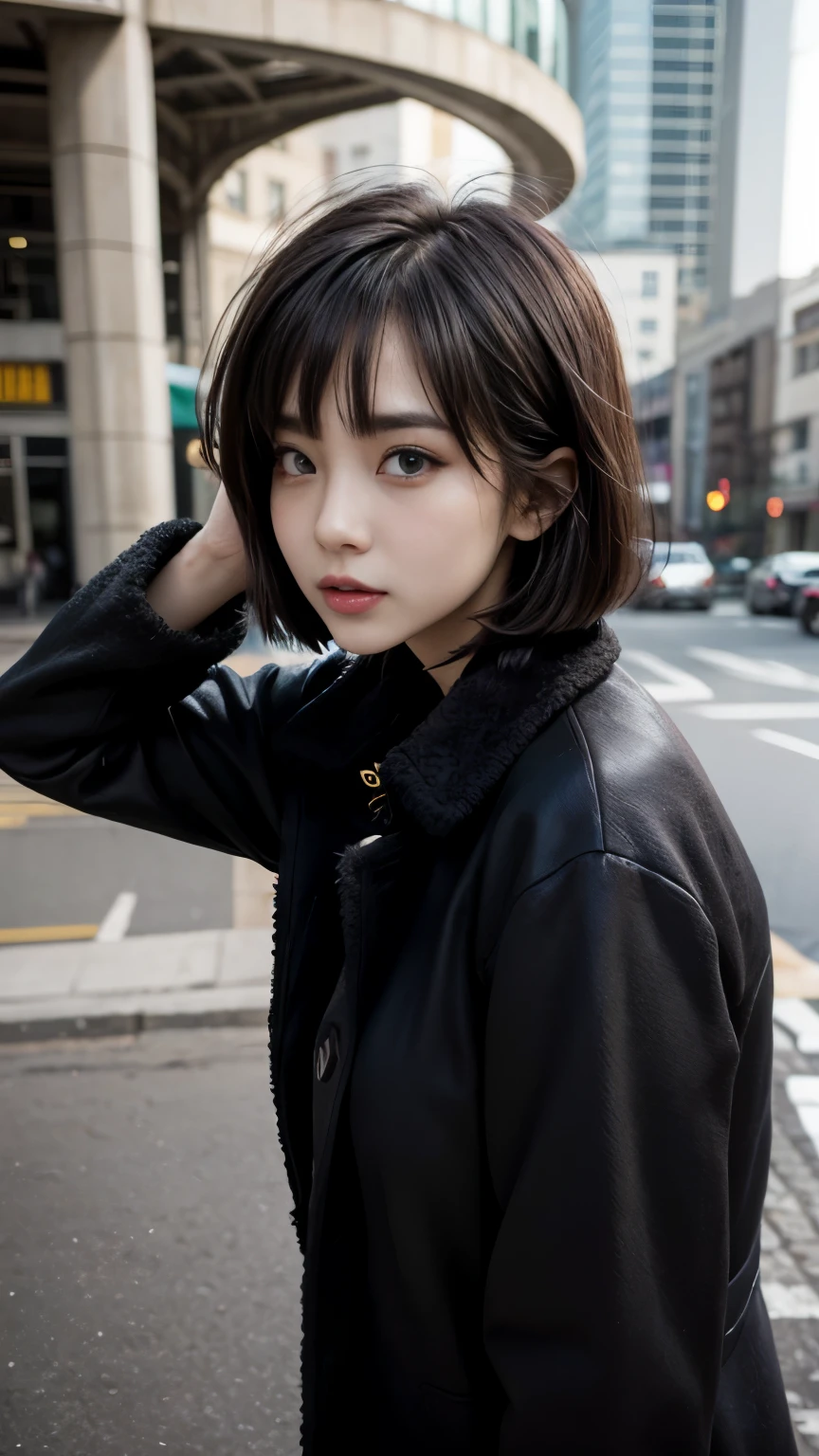 With bangs,Beautiful black hair,Woman with straight medium bob cut,,,2 female,(((No hat))),Aspacarina,((Shy expression)),,,Very beautiful eyes, ,(((Wearing a tattered black coat))),,(make:1.4),Big eyes,Hip Hop Dancer,Gangster style long pants,8k,High resolution,Gangster style,(head shot:1.5)