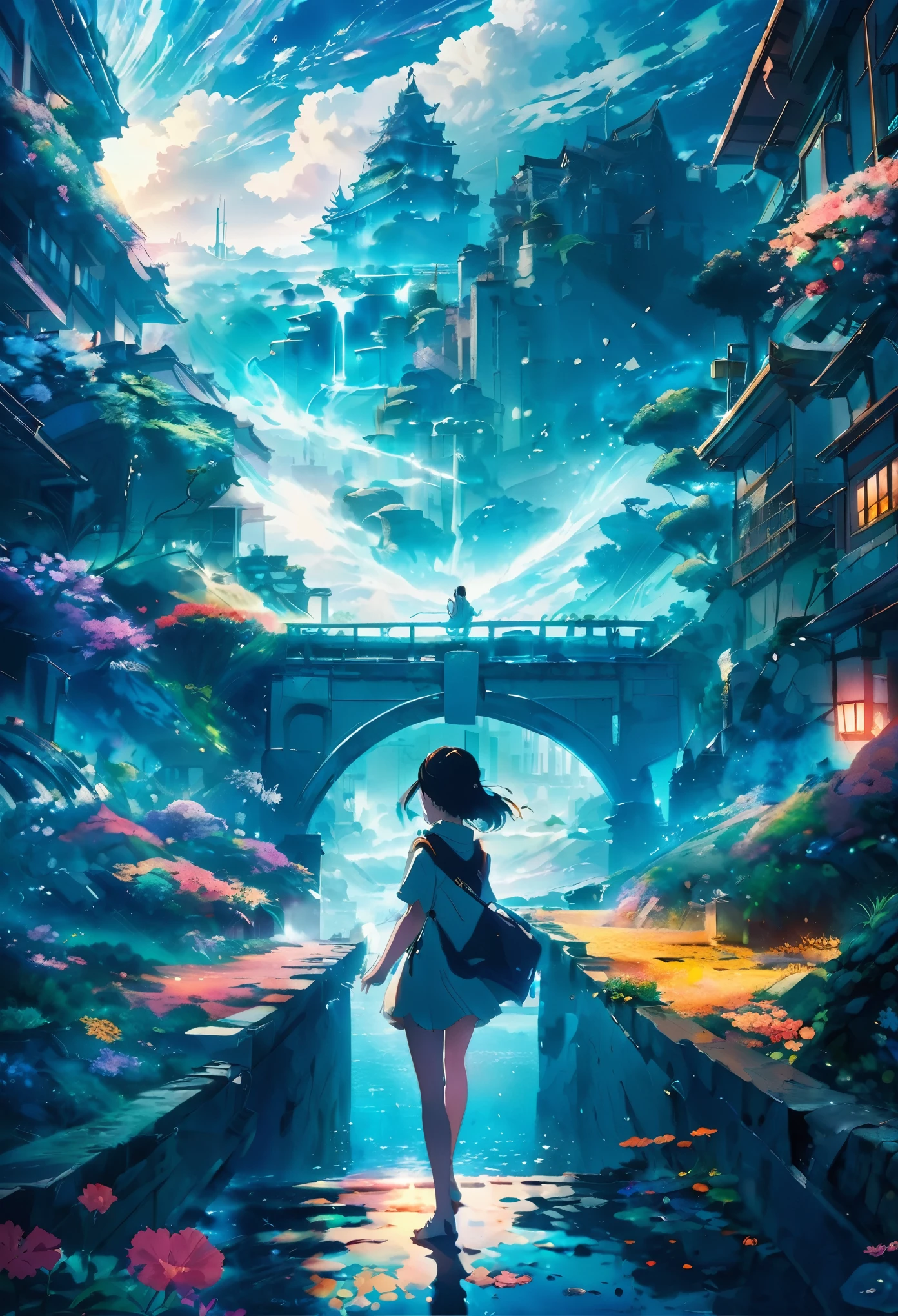 Anime-Schlüsselvisual, Meisterwerke der Landschaft,Ein Mädchen, Von Atlantis City, komplexer Hintergrund, nebliger Zustand, Cyberdelikat, Blühendes Licht, Makro-Objektiv, Tsuchida-Stil, Bunter Spritzer