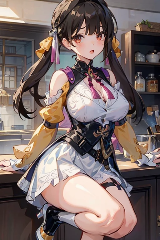 Adult Woman, masterpiece, 1girl, Amazing Cleavage:1.3, thin waist, big ass, Raised sexy, medium breast:1.3,posed cleavage:1.2,solo, open mouth, have a cup of coffee,black hair, red eyes, dress, bare shoulders, jewelry, collarbone, sidelocks, hairband, earrings, indoors, off shoulder, arms behind back, plant, short hair with long locks, black hairband, sweater dress, off-shoulder sweater, red sweater, big side hair, very long side hair,is rendered in (masterpiece: 1.2, best quality), with (ultra high resolution) and an exquisite (depth of field). This masterpiece is not only visually stunning but also tells, make of cooking some cakes ,in the kitchen,Long dark blonde wavy hair、her thin pubic hair, Puffy nipple、(short flared skirt)、garter stocking、Earring、Medium milk, cute smile face、(Pose to lean forward and emphasize the chest)、sexy hips、high-heels、atlibrary、((Close your arms to your chest and look up)),(with sparkling eyes and a contagious smile), looking at viewer,