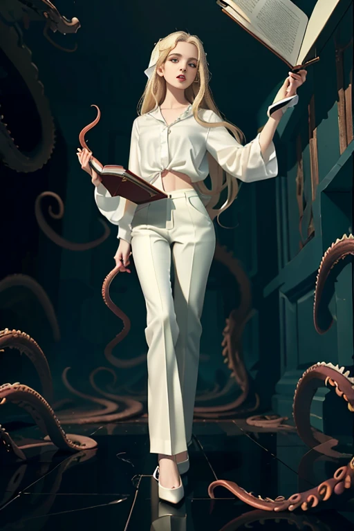 masterpiece, best quality, hyperrealistic, cinematic photo,  woman, pale skin, British amazing slim body with some curves, ((Tight white blouse)), ((Black trousers)), ((Holding an open book)), long blonde wavy hair, perfect thick legs, wide hips, perfect hands, bare foot, beautiful face, perfect face, youthful, (blured background), modern style, from below, (low-angle shoot), low_angle_human, towering, (full body shot), ((Standing, reading an open book)), underneath shot, (view viewer), looking at viewer,(8k, epic composition, photorealistic, sharp focus), detailed background, ((On a dark room)), ((dark tentacles crawling on the floor)), ((Evil spirits roaming on the walls)), inside illumination, night illumination, DSLR, foil grain