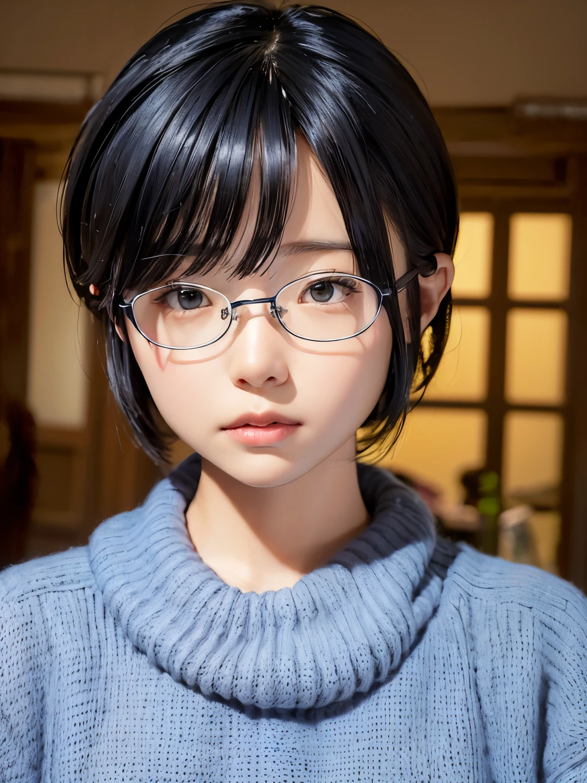 (masterpiece:1.3), (8k, photorealistic, RAW photo, best quality: 1.4), 
(1girl), beautiful face, (realistic face), 
(black hair, short hair:1.3), beautiful hairstyle, 
realistic eyes, beautiful detailed eyes, 
(realistic skin), beautiful skin, 
(sweater), 
absurdres, attractive, 
ultra high res, ultra realistic, highly detailed, 
golden ratio, 
1girl, solo, realistic, looking at viewer,glasses