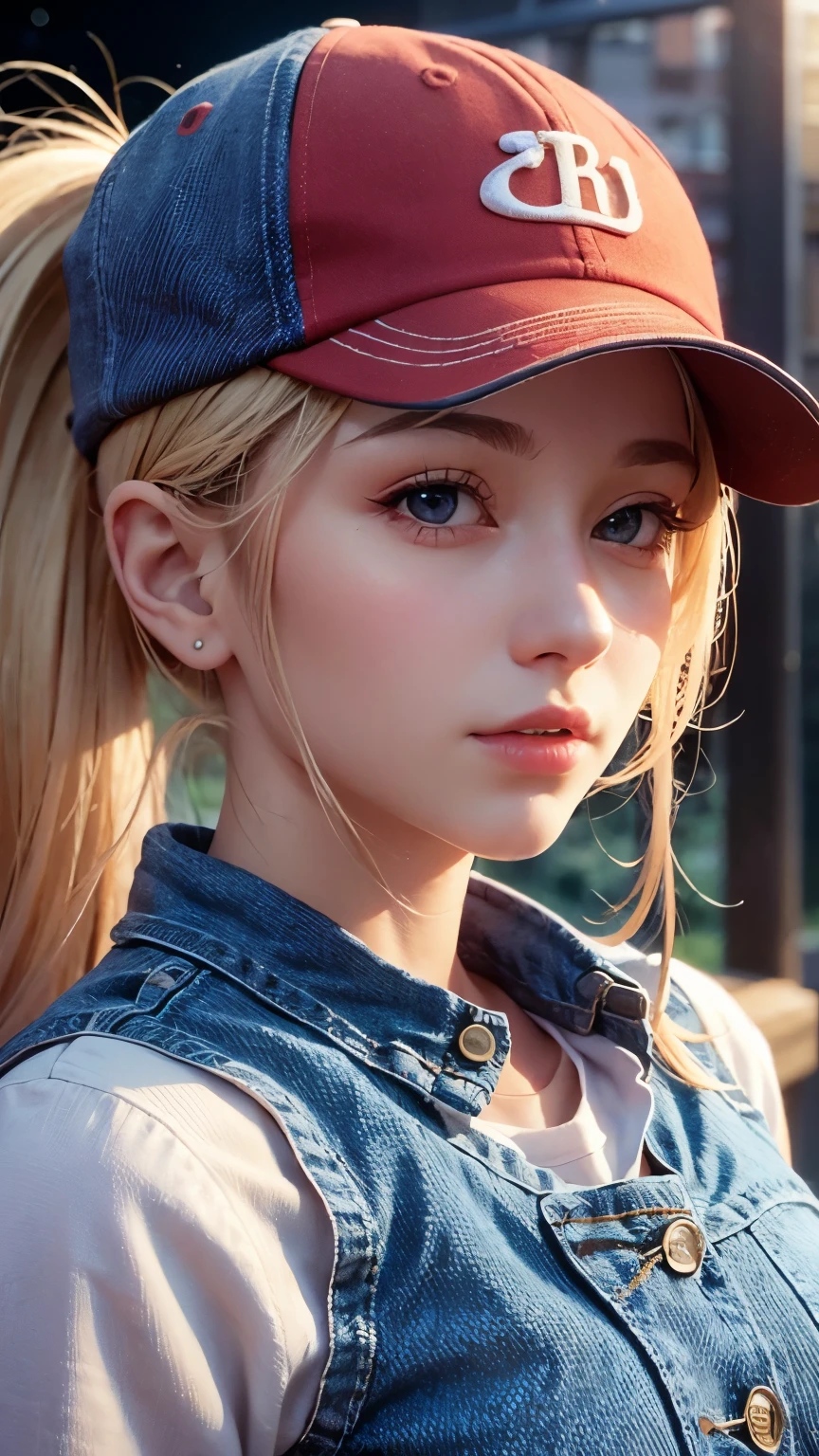 Ein Mädchen, Terry Bogard Mädchen, Blonde, Pferdeschwanz, blaue Augen, Baseball Kappe, Augen fokussieren, Schöner Parkhintergrund (8k), (höchste Qualität), (Meisterwerk:1.2), (realistisch), (Sehr detailiert), (feinkörnig:1.2), (Detailliertes Gesicht:1.2), (Realismus:1.2), (Super Qualität), (Komplex), (85mm), Lichtteilchen, Beleuchtung, (Sehr detailiert:1.2), (Gradation), bunt, sfw, Dämmerung, allein