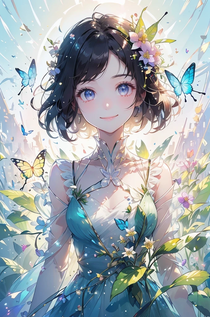 (masterpiece、highest quality、highest quality、Beautiful and beautiful:1.2)、(Good anatomy:1.5)、Drawing of a girl with straight short hair、Transparent butterfly costume、Adorable smile、looking at the camera、put flowers and leaves on your head、digitalis