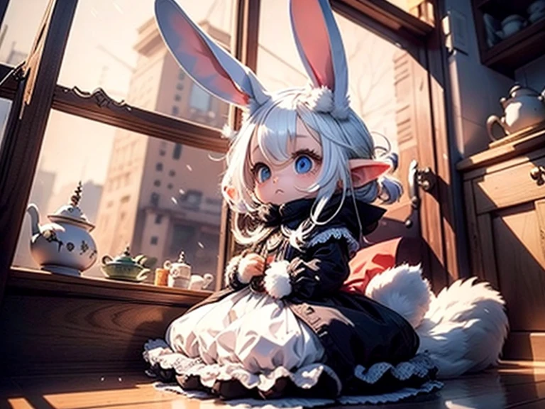 quality\(8k,wallpaper of extremely detailed CG unit, ​masterpiece,hight resolution,top-quality,top-quality real texture skin,hyper realisitic,increase the resolution,RAW photos,best qualtiy,highly detailed,the wallpaper,golden ratio\), BREAK ,solo,1girl\((chibi:1.6),cute,kawaii,small kid,(white hair:1.3),(very long hair:1.6),bangs,(ear\(fluffy,white,rabbit-ear\):1.4),1small rabbit-tail on hip,red eye,big eye,beautiful shiny eye,skin color white,big hairbow,(white frilled dress:1.3),breast,slightly surprised,dynamic angle,inside,looking away\), BREAK ,background\(inside small house,window,outside is snowing,so much snow\),[snow in house],from below
