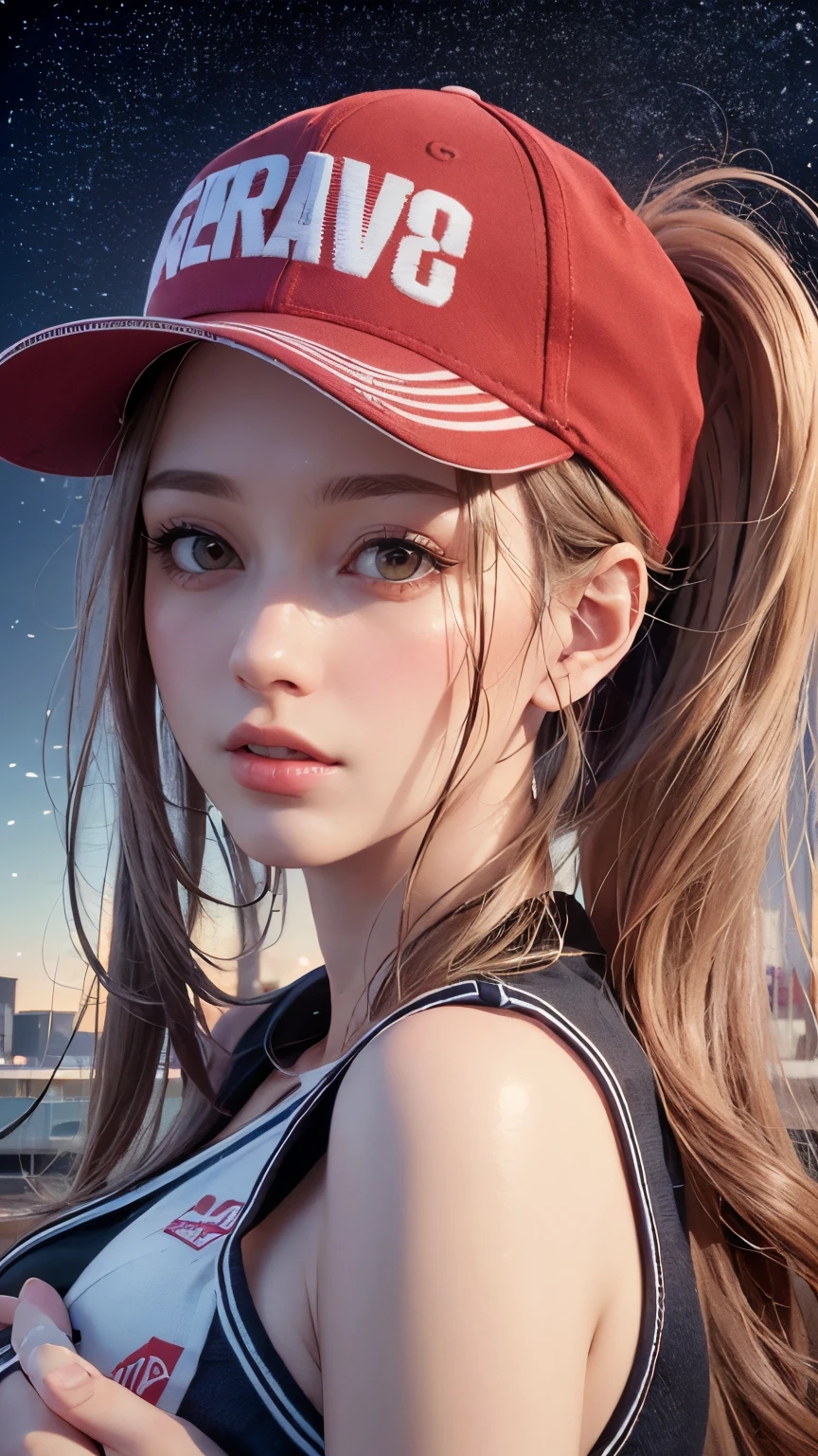 Ein Mädchen, Terry Bogard Mädchen, Blonde, Pferdeschwanz, blaue Augen, Baseball Kappe, Augen fokussieren, Schöner Parkhintergrund (8k), (höchste Qualität), (Meisterwerk:1.2), (realistisch), (Sehr detailiert), (feinkörnig:1.2), (Detailliertes Gesicht:1.2), (Realismus:1.2), (Super Qualität), (Komplex), (85mm), Lichtteilchen, Beleuchtung, (Sehr detailiert:1.2), (Gradation), bunt, sfw, Dämmerung, allein