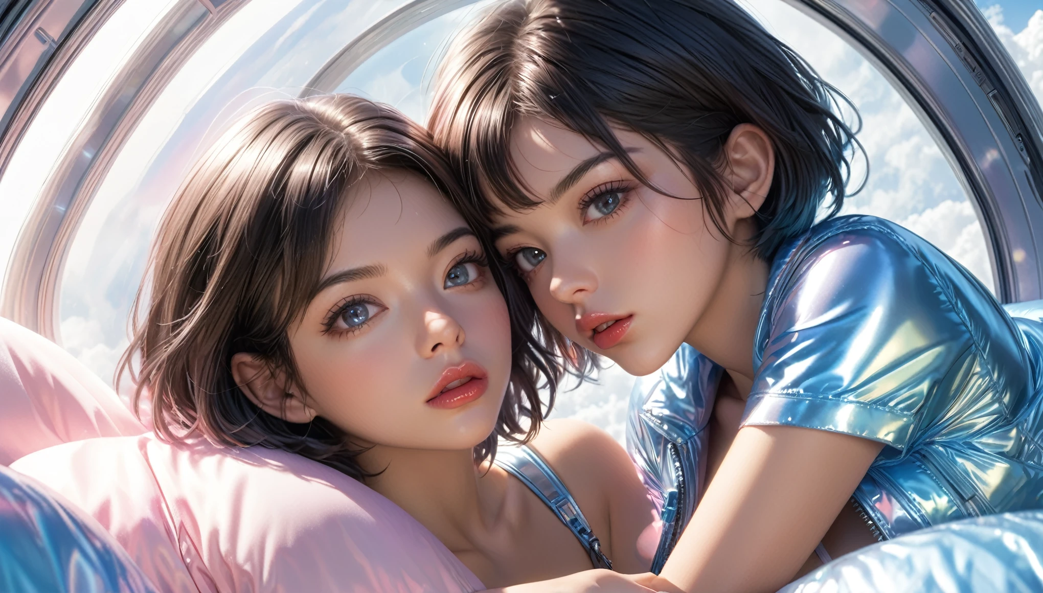 Masterpiece, Best Quality, ((2 cute latinas kissing in a light pink blue wide open shiny puffer, short sleeves, small perky breasts, extremely detailed face, beautiful detailed slightly open eyes, beautiful detailed lips, pixie side shaved hair, small hips, in a spaceship, on bed, ultra wide view))