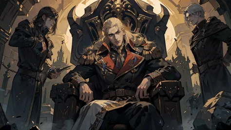 castlevania shadow lord handsome lord muscular dracula talking in the throne room with male advisors around him surreal ultra de...