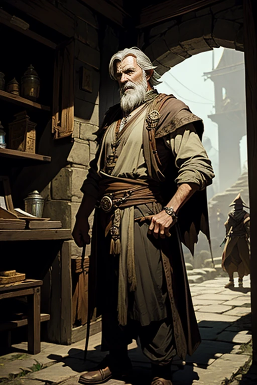 traveling (merchant) , friendly face, (fantasy), (older man), dungeons dragons, rpg, epic fantasy character concept art