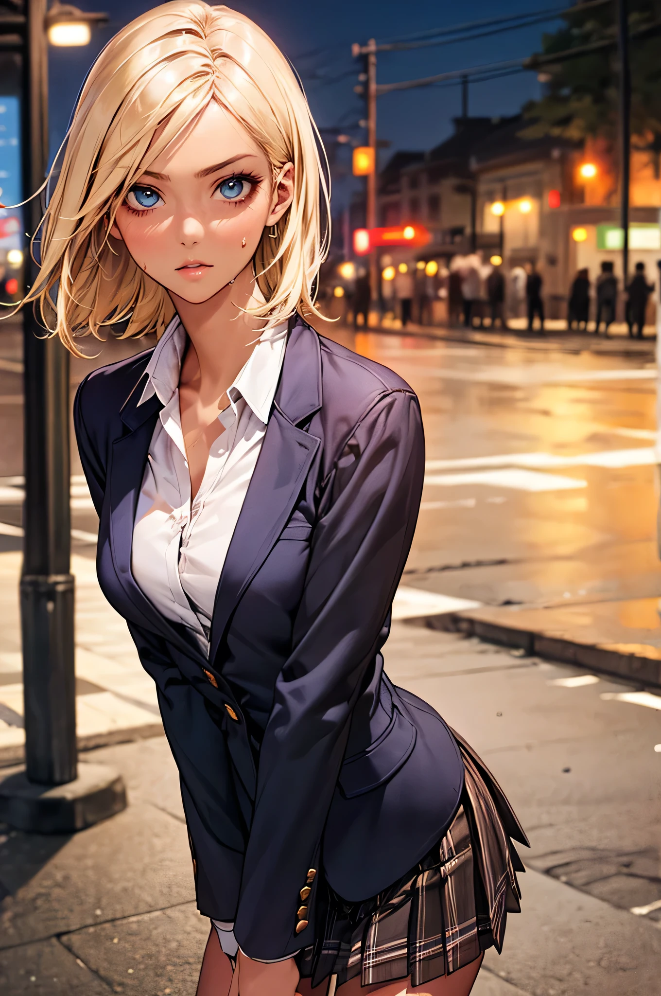 ((perfect anatomy:1.2,realistic:1.3,RAW Photography:1.3,masterpiece、highest quality、Ultra - High resolution、High resolution、Highly detailed CG、8K)),cowboy shot,1 female,solo,18-year-old、High school girl beautiful girl, Japanese,((beautiful detailed face and eyes:1.2,big gorgeous eyes:1.3,)),blonde hair,short hair,(center parted hair:1.4,forehead),large breasts,slender body,small head:1.3,skinny,(brown skin:1.3),(oily skin,gleaming skin,shiny skin,sweat),(school uniform、Dark blue blazer jacket、plaid pleated mini skirt),Shibuya Station、on street,neon、at night、Tokyo、