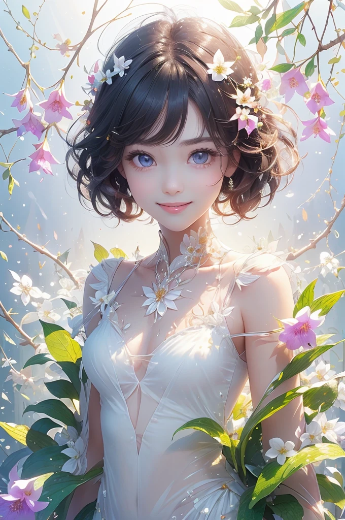 (masterpiece、highest quality、highest quality、Beautiful and beautiful:1.2)、(Good anatomy:1.5)、Painting of a girl with milky white hair、Transparent fairy costume、Adorable smile、looking at the camera、Flowers and leaves、digitalis
