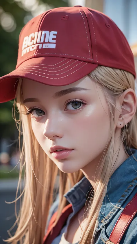 One girl, Terry Bogard Girl, Blonde, ponytail, blue eyes, Baseball cap, Eyes focus, Beautiful park background (8k), (highest qua...