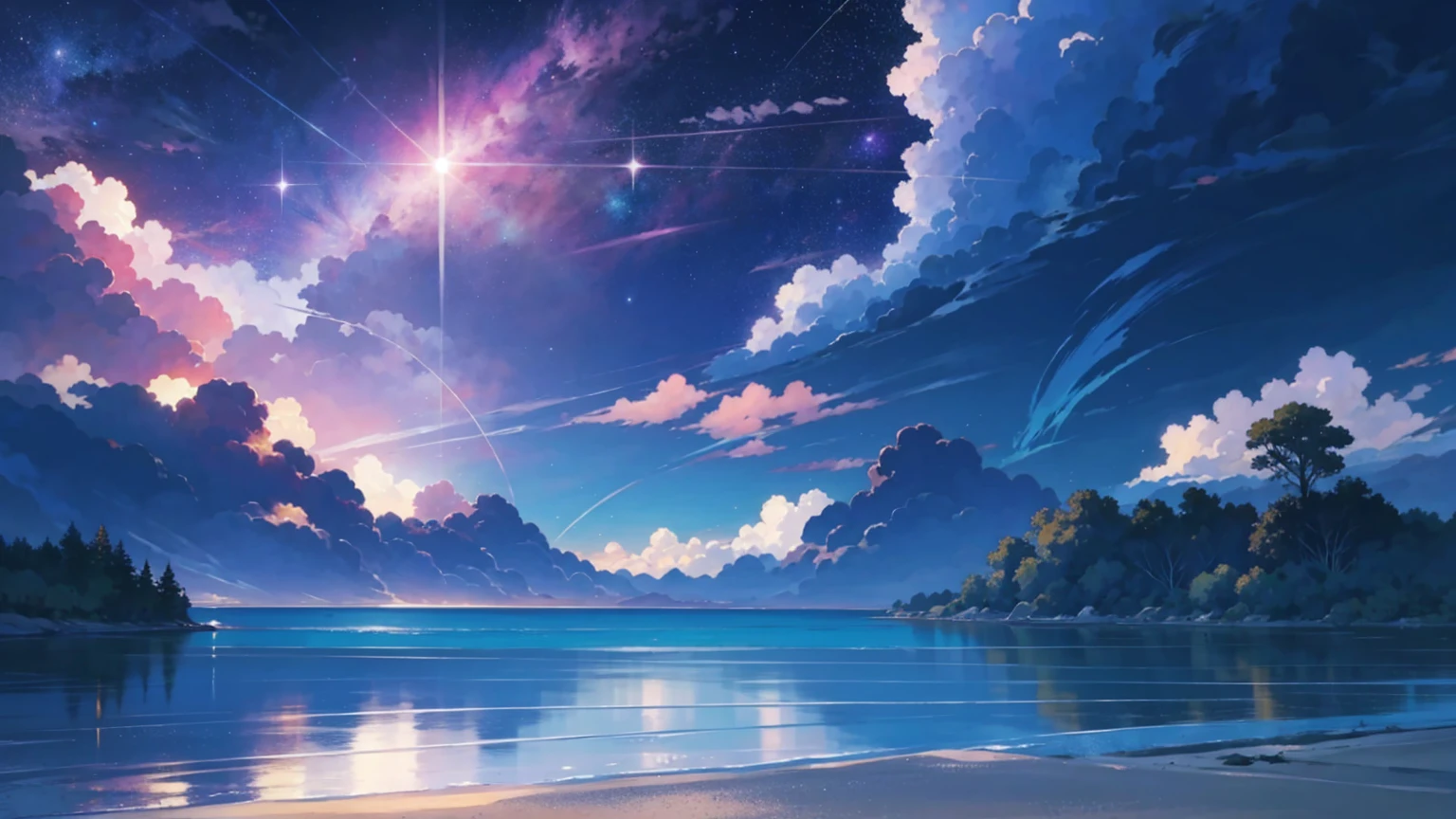 Sea view, Starry Sky, No humans, landscape, Beautiful anime scene, anime sky, Rehabilitation, Relaxation, Relax, Inner Peace, fantastic, Reality, masterpiece, best quality, Clear focus, 4K
